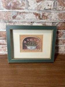 Vintage Blue and White Pottery Print in Green Wood Frame Still Life Floral Print - Picture 1 of 9