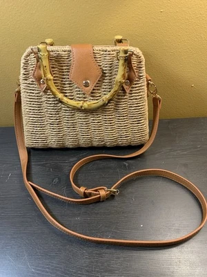 Woven Handbag Paper Fiber Faux Bamboo Handles Tan Crossbody Summer Tote Purse - Image 1 of 4