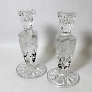 Set of 2 Clear Heavy Glass 7" Taper Candle Sticks Floral Design Home Decor - Picture 1 of 5