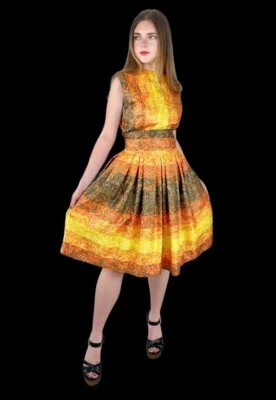 Vestido de graduación Richard Shops años 50 vintage sin mangas amarillo naranja algodón red Foto 1 de 4