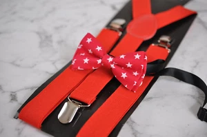 Boy Baby Kids Red White Stars Cotton Bow Tie Suspenders Braces Set 1-8 Years Old - Picture 1 of 9