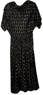 Vestido Maxi Midi Vintage Tamanho G/XL Preto Geométrico Metálico Dourado Manga Curta Anos 70 - Imagem 1 de 4
