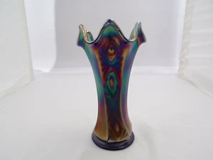 Antique Fenton Cobalt Blue Vase Carnival Iridescent Glass Diamonds Bows Z25 - Picture 1 of 9