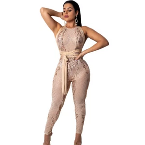 Sexy Damen Rückenfrei Ärmellos Pailletten Patchwork Bodycon Club Party Jumpsuit - Bild 1 von 7