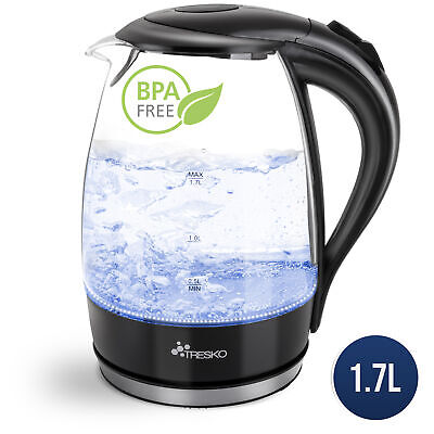 TRESKO Wasserkocher Glas 1,7L Glaswasserkocher LED Edelstahl 2200W Teekocher BPA • 18.99€