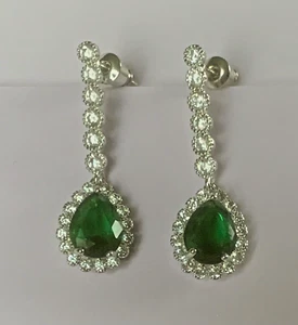 CRUISE White Gold Filled Drop Dangle Earrings Pear Emeralds & Sim Diamonds BOXED - Picture 1 of 5