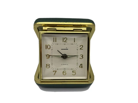 Vintage Swania 2 Jewels Travel Alarm Clock Germany Illuminated Hands Cover