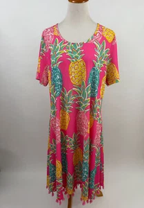 SIMPLY SOUTHERN pink pineapple tropical print tassle hem dress w pockets XL - Picture 1 of 4