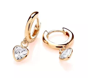 9ct Yellow Gold on Silver CZ HEART Solitaire Drop Dangle Huggie Hoop Earrings - Picture 1 of 6