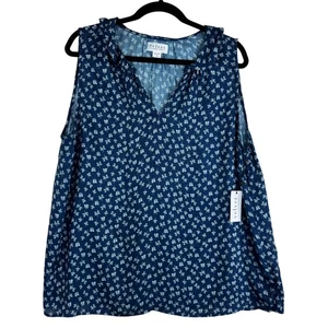 Samt Graham & Spencer Top Damen XL Blau Fichte Catrina03 Ärmellos Blumenmuster - Bild 1 von 9