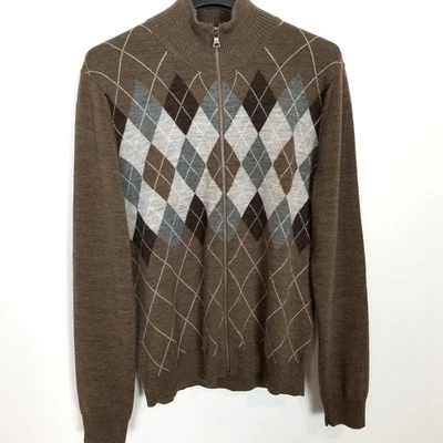 Express Men Argyle  Diamond Merino Wool Cardigan Sweater Sz L Brown Zip Up - Image 1 of 4