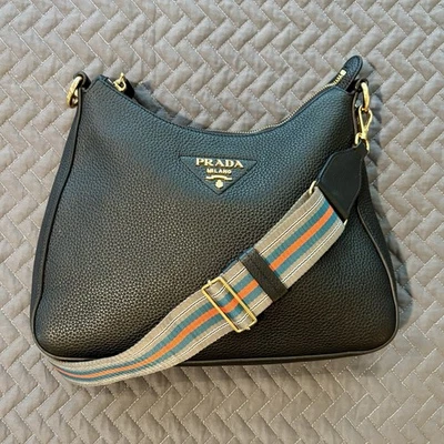Bolso Bandolera Prada Negro Vitello Daino Suave con Cremallera Hobo Hombro Cartera Foto 1 de 4