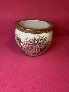 4” Lemax Handpainted Porcelain Pot Bowl Planter Pink Floral Raised Gold Accent - Picture 1 of 6