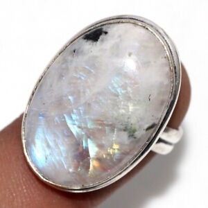 925 Silver Plated-Rainbow Moonstone Ethnic Handmade Ring Jewelry US Size-7.5 JW