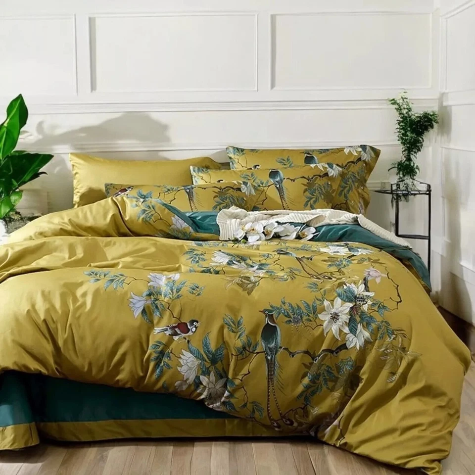 NUEVO Juego de Estuche Edredón Floral Falso Ropa de Cama Anthro Amarillo Boho Queen/King Pájaro Foto 1 de 4