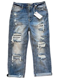 Risen Jeans Womens 15/32 Blue High Rise Straight Crop Distressed Stretch Denim - Picture 1 of 13