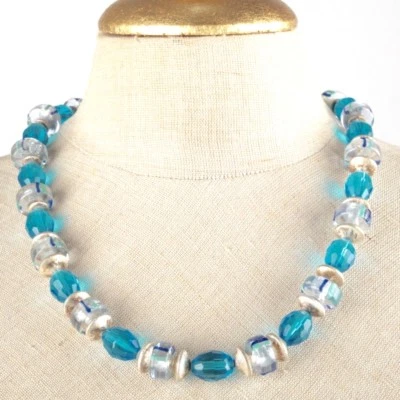 Collier Halskette Kette Glasperlen türkis silber 55 cm Vintage Magnetverschluss - Bild 1 von 4