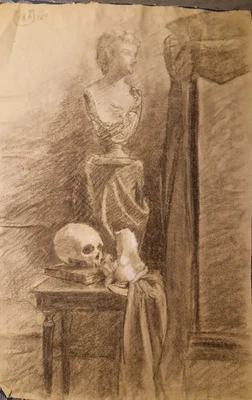 Dessin académique XIXe – vanité avec buste antique, crâne et drapé 18ème  - Photo 1/4