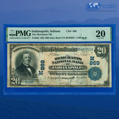 1902 DB $20 Merchants National Bank Indianapolis, IN, Charter #869, PMG VF 20 - Image 1 of 3