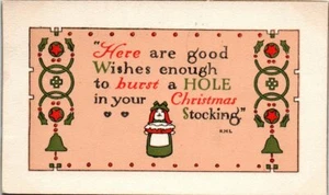 1910s Christmas Postcard Arts & Crafts Style Davis R.H.L. Burst a Hole Stocking - Picture 1 of 2