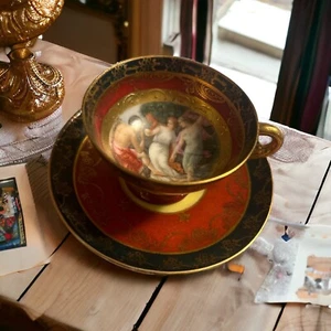 Antike Krone Eichwald Demitasse Tasse & Untertasse handbemalt romantische Liebhaber Szene - Bild 1 von 12