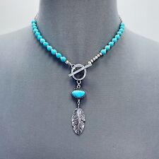 Turquoise Beads Deco Silver Tone Feather Design Pendant Choker Necklace