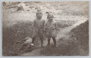 RPPC Adorable Little Girls Outside with Pit Bull Terrier Dog Real Photo Postcard - Picture 1 of 6