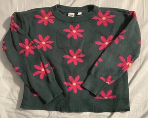 Preowned Girls Kids Gap Sweater Medium Green Flowers - Picture 1 of 4