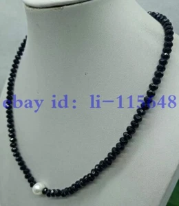 Black Spinel Bead Faceted Rondelle Gems 4x6mm&8-9mm White Pearl Necklace 18"Gift - Picture 1 of 6