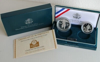 1992 Columbus Silver Dollar and 50 Cents 2 Coin PROOF Set Complete as Issued - Image 1 of 4