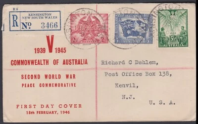 1946 WWII PEACE Australia Registered KENSINGTON NSW SMYTH FDC to NJ USA - Image 1 of 3