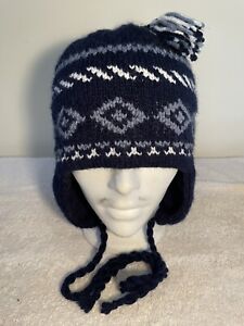 Hand Knit Reversible Beanie Hat Cap Blue Ear Flaps Tassel Adult Ski Winter O/S