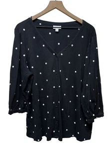 J Jill Womens XL Embroidered Polka Dot Button Up Top 3/4 Sleeve Black V-Neck - Picture 1 of 6