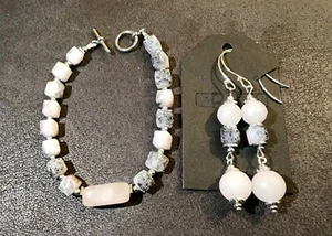 Designer Silver 925 Earrings and Bracelet Set Rose Quartz And Glass Beads Rare - Picture 1 of 5