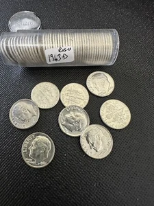 1963-D Roosevelt Dimes Gem BU 10c Roll-Unc 50 coins-90% Silver-Peppers Delight! - Picture 1 of 4