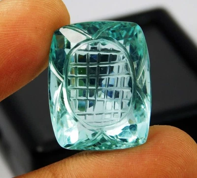Carved Certified 39.30 Ct Natural Sea Blue Aquamarine Cushion Cut Gemstone - Image 1 of 4