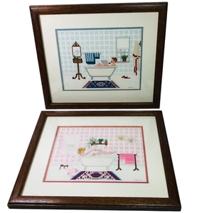 Vintage 1986 Jessa Counts Completed Counted Cross Stitch His and Her Bathtubs - Picture 1 of 14