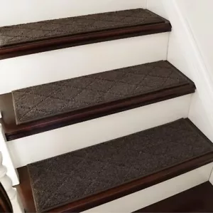 15pc Brown Edging Stair Treads NonSlip Carpet Mat Indoor Wooden Steps Home - Picture 1 of 6