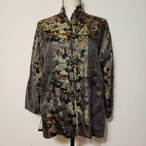 Vintage MCM 50s Black Silk Asian Tunic Jacket Top SZ L Blossoms Pagoda China - Picture 1 of 16