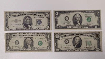 1953 $5 bill silver seal 1950 ten dollar note all off center misprints 1977 1976 - Image 1 of 4
