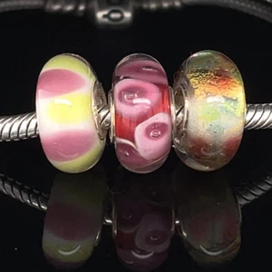 925 Sterling Silber Rosa & Gelb Murano Glas Charm Perlen Set für Armbänder - Bild 1 von 3