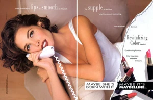 1993 Maybelline Christy Turlington maquillaje lápiz labial 2 páginas anuncio de revista - Imagen 1 de 1