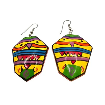 Pierced Earrings Artisan Owl Hand Painted Bright Yellow Orange Green Multicolor - Image 1 of 4
