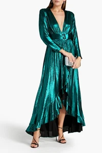 RRP€810 RETROFETE Wayne Flounce Gown Size M Ruffle Lame Effect Belted V Neck - Picture 1 of 6