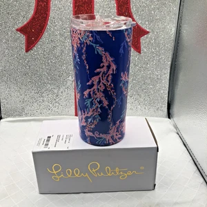 Neu Lilly Pulitzer Slim Becher 16oz Borealis Blue Swim Over Coral Print - Bild 1 von 5