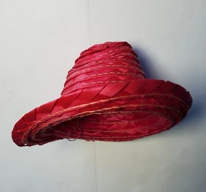 Sombrero de paja vintage rosa muñeca cinta amarilla 13 cm diámetro - Imagen 1 de 4