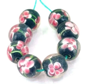 8 Handmade Lampwork Glass black Encased Pink Rose Flower Floral Round Beads 12mm - Picture 1 of 3