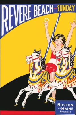 REVERE BEACH SUNDAY CHILDREN PARK CAROUSEL USA TRAVEL VINTAGE POSTER REPRO - Image 1 of 3