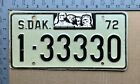 1972 South Dakota license plate 1-33330 Minnehaha Mount Rushmore 16531