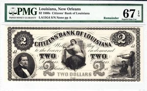 1860'S $2 Citizen Bank Of Louisiana PMG 67 SUPERB GEM UNCIRCULATED! - Picture 1 of 1